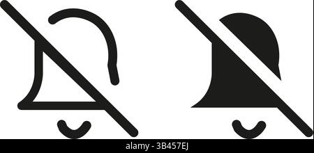 two black silent notification icons showing muted bell symbol with diagonal line for no alerts and sound off concept used in user interfaces and mobil Stock Vector
