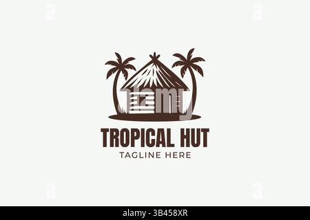 Traditional Tropical Palm Tree Hut Logo Beach Summer Paradise and Relaxation Stock Vector