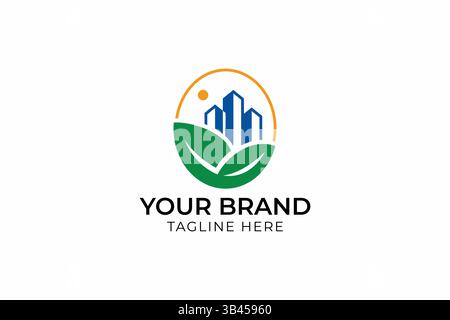 Eco Friendly Property Logo Skyscrapers and Green Leaf Elements for Modern Branding Stock Vector