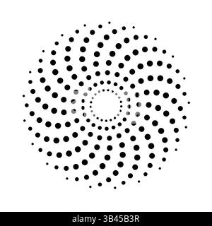 Black circular dots forming swirling spiral arms with a central hollow space, creating motion effect Stock Vector