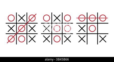 Three tic tac toe boards showcasing different winning patterns highlighted in red on a white background. Stock Vector
