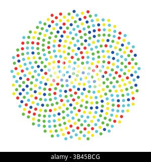 Vibrant spiral pattern made of multicolored dots in circular layout over white background Stock Vector