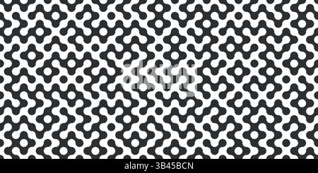 Rounded black maze pattern with circular dots on seamless white background Stock Vector
