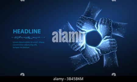 Digital teamwork hands. Together network, unity support, community connect. Stock Vector
