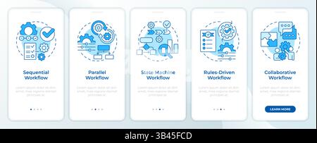 Basic workflow archetypes blue onboarding mobile app screen Stock Vector