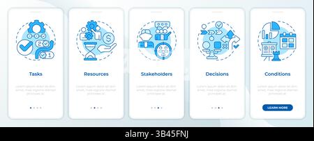 Workflow management elements blue onboarding mobile app screen Stock Vector