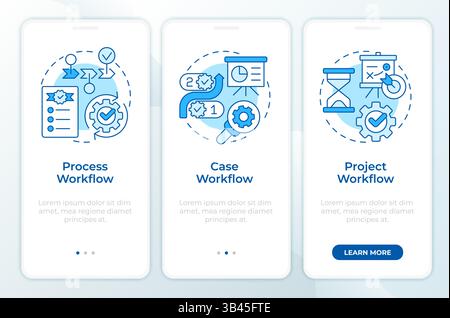Different workflows blue onboarding mobile app screen Stock Vector
