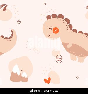 Baby seamless pattern drawn in neutral pastel bohemian colors featuring dinosaurs, mountains with snow snowy peaks, hearts and color spots. Stock Vector