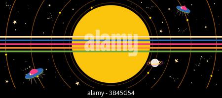 Groovy 90s Horizontal Banner with Sun, Stars and Aliens. Cartoon minimal design with hippie vibes. Perfect for web, print, posters, decor Stock Vector