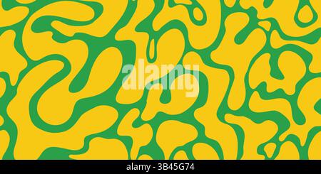 Retro Abstract Seamless Pattern with Liquid Yellow Organic Forms. Decorative groovy fluid shapes isolated on green background. Hand drawn geometric Stock Vector