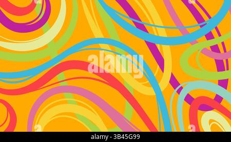 Multicolored Abstract Background with Wavy Lines. Decorative groovy fluid lines isolated on yellow background. Hand drawn geometric bulky lines Stock Vector