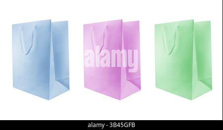 Side view three color empty blank disposable paper shopping bag isolated on white background. Paper bag isolated. Paper package Stock Photo