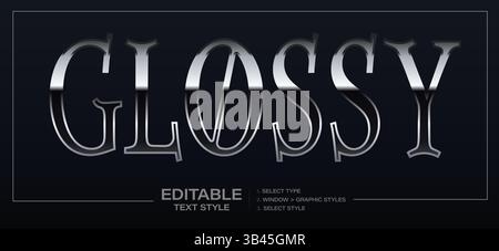 Glossy silver chrome editable text style with modern reflective shine. Ideal for tech branding, digital packaging, luxury gadgets, titles. Graphic Stock Vector