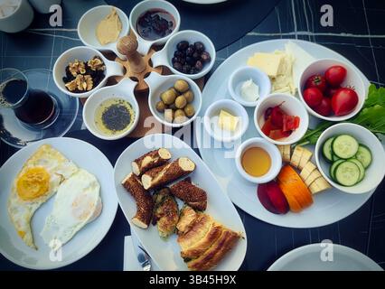 Traditional Turkish breakfast. Variety of dishes served during traditional Turkish breakfast, Istanbul, Turkey Stock Photo