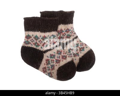 Warm woolen knitted socks isolated on white background Stock Photo
