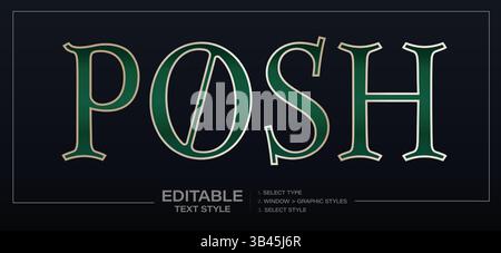Elegant Green Text Effect With Classic Serif Style And Gold Outline, Ideal For Premium Branding, Packaging, Or Invitations. Fully Editable Graphic Stock Vector