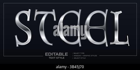 Chrome Steel Text Effect With Polished Metallic Finish And Classic Typeface, Ideal For Technology, Gaming, Or Industrial Branding. Fully Editable Stock Vector