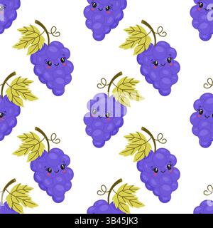 Playful seamless design featuring purple grapes with cute cartoon faces and green leaves on a white background. Stock Vector