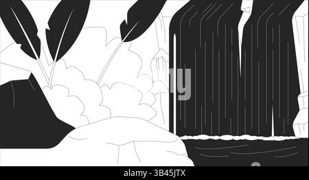 Tropical waterfall in jungle line illustration backdrop Stock Vector