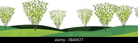 Seamless Hilly Forest Landscape Vector Artistic Style Background Illustration. Horizontally Repeatable. Stock Vector