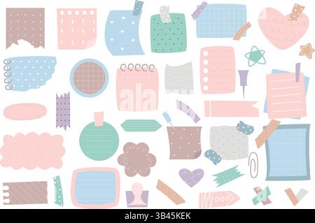Cute paper notes in doodle sketch style. Paper Memos and stickers, pastel color illustrations. Hand drawn notepad sheets. Vector elements Stock Vector