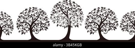 Vector Monochrome Seamless Row Of Trees Silhouette Illustration Isolated On A White Background. Horizontally Repeatable. Stock Vector