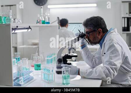 Scientist in laboratory wearing white lab coat, observing samples using microscope, with various test tubes and lab equipment on table, engaged in scientific research Stock Photo
