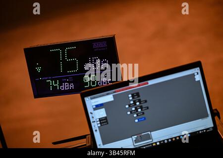 Monitoring sound level during a concert in real-time using audio equipment and software with a digital display Stock Photo