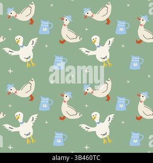 Charming cottage core seamless pattern with ducks and decorative pitchers. Stock Vector