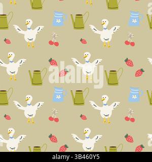 Whimsical cottage decor with ducks and fruits design for pattern use. Stock Vector