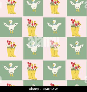 Charming cottage decor with playful ducks and floral boots pattern for home design. Stock Vector
