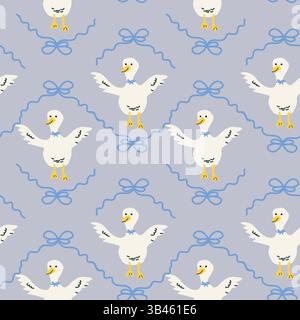 Charming cottage decor illustrated pattern with ducks and bows. Stock Vector