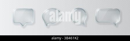 Collection of glass transparent glossy 3D speech bubble icons isolated on light background. Vector illustration. Stock Vector