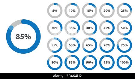 A collection of blue circular progress charts displaying percentages from 5% to 100%, used for data visualization Stock Vector