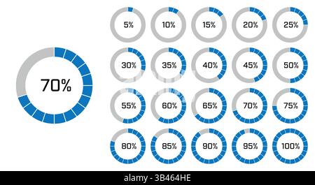 A set of segmented circular progress charts in blue and gray, displaying percentage levels from 5% to 100% Stock Vector