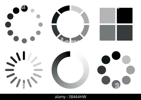 A collection of six black and white loading icons featuring circular and square progress indicators on a white background Stock Vector