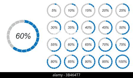A set of segmented circular progress charts in blue and gray, displaying percentage levels from 5% to 100% Stock Vector
