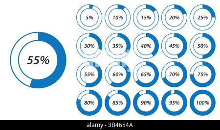 A collection of blue circular progress charts displaying percentages from 5% to 100%, used for data visualization Stock Vector