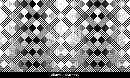 Seamless black and white geometric pattern with nested hexagons and striped diamond centers creating depth Stock Vector