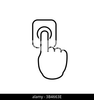 Minimalist black and white line icon of a hand pressing a doorbell button, symbolizing access and entry. Stock Vector