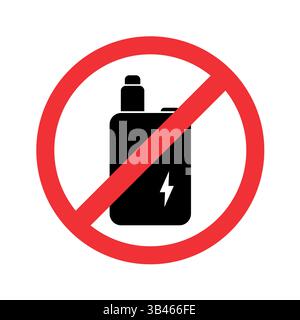 Black electronic e-cigarette vape icon with a red prohibition symbol, indicating vaping is not allowed. Stock Vector