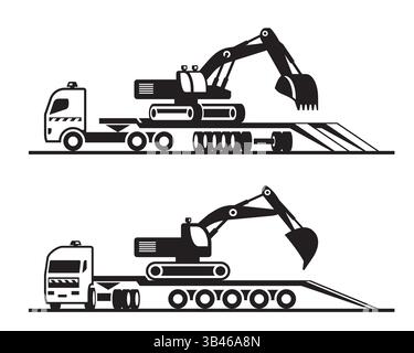 Truck carrying heavy earth mover – vector illustration Stock Vector
