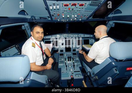 Oct. 15, 2014 - Sharjah emirate, United Arab Emirates,Flydubai airlines - Pilots aircraft Airbus A-320 in the cockpit, airport Sharjah, Sharjah (emirate), UAE (Credit Image: © Andrey Nekrasov/ZUMA Wire/ZUMAPRESS.com) Stock Photo