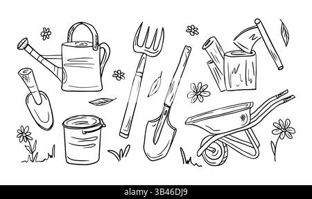A set of tools for gardening, farming, hand-drawn in doodle vector style. A rake, a shovel, a garden wheelbarrow, a watering can, a bucket, a saw, an axe, a set of working tools for the garden. Stock Vector