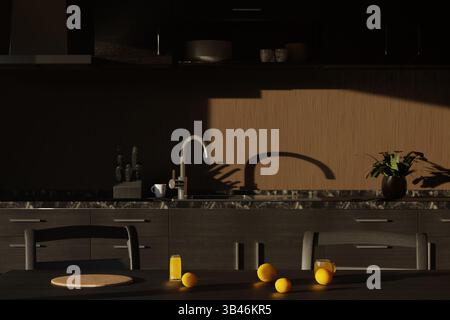 Bright morning table setting with orange juice, fresh fruit and bun on wooden kitchen countertop. Stock Photo