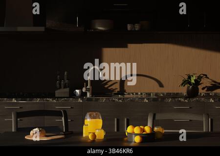 Bright morning table setting with orange juice and fresh fruit on wooden kitchen countertop. Stock Photo