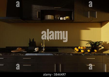 Fresh oranges and a bun on the kitchen countertop early in the morning in the warm rays of the sun. Stock Photo