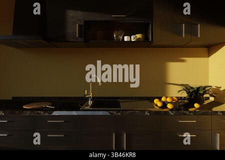 Fresh oranges on the kitchen countertop early in the morning in the warm rays of the sun. Stock Photo