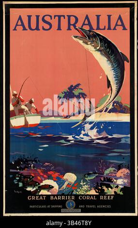 Poster shows a large fish jumping out of the water; Travel poster ...