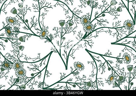 Botanical floral seamless pattern with chamomile flowers vector illustration. Repeating daisy plants in white background. Graphic design for Fashion C Stock Vector